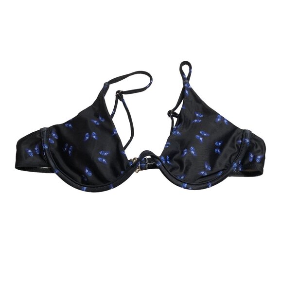 Womens Butterfly Print Bikini Top Underwire Removable Cups Black Blue L - Picture 1 of 3
